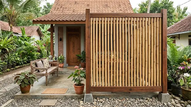 Inspirasi sekat teras dari material alami untuk rumah mungil model sekat bambu vertikal