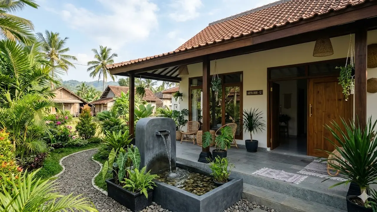 10 Desain Rumah Desa Sederhana dengan Pancuran Mini di Teras, Nuansa Relaksasi