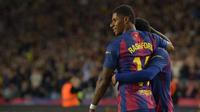 Penyerang Barcelona, Marcus Rashford merayakan mencetak gol ketiga timnya selama pertandingan sepak bola liga Spanyol antara FC Barcelona dan Elche CF di Estadi Olimpic Lluis Companys di Barcelona pada 2 November 2025. (MANAURE QUINTERO/AFP)