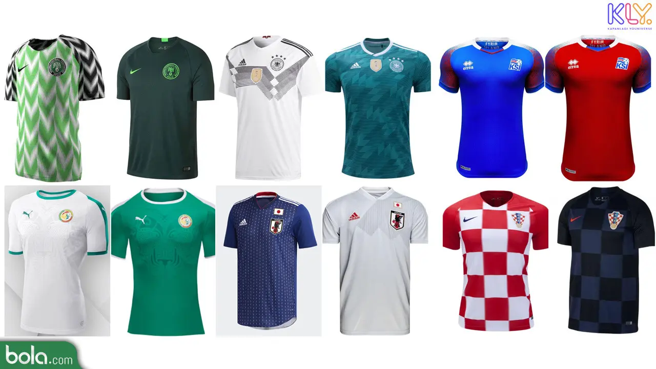 Jersey Terbaik di Piala Dunia 2018. (Dari kiri ke kanan: Nigeria, Jerman, Islandia, Senegal, Jepang, dan Kroasia) (Bola.com/Adreanus Titus)