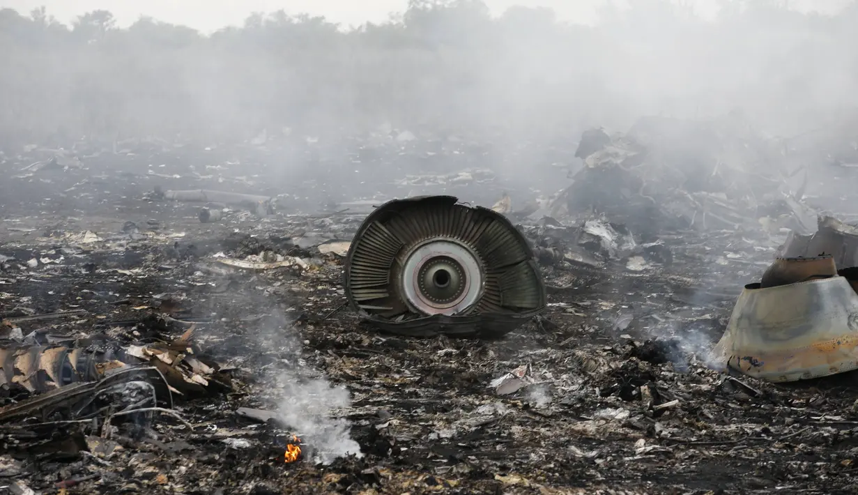 Pesawat jenis Boeing 777 dan sedang terbang dari Amsterdam ke Kuala Lumpur itu jatuh di dekat Kota Donetsk dan menewaskan 295 orang, termasuk belasan WNI, Kamis (17/7/14). (REUTERS/Maxim Zmeyev)
