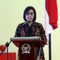 Menkeu Sri Mulyani memberi sambutan pada Seminar Nasional Nota Keuangan RAPBN 2020 : Mengawal Akuntabilitas Penerimaan Negara di Kompleks Parlemen MPR/DPR-DPD, Senayan, Jakarta, Rabu (21/8/2019). Sri Mulyani menjelaskan kondisi ekonomi global diselimuti awan hitam. (Liputan6.com/Johan Tallo)