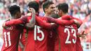 Para pemain Portugal merayakan kemenangan atas Meksiko pada laga perebutan tempat ketiga Piala Konfederasi di Stadion Spartak, Moskow, Minggu (2/7/2017). Portugal menang 2-1 atas Meksiko. (AFP/Yuri Kadobnov)