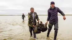 Sejumlah orang membawa pecahan tulang mammoth di Danau Pechevalavato, Yamalo-Nenets, Rusia, Rabu (22/7/2020). Fragmen kerangka mammoth tersebut ditemukan oleh para penggembala rusa lokal. (Artem Cheremisov/Governor of Yamalo-Nenets region of Russia Press Office via AP)