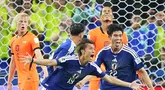 Pemain Jepang merayakan gol ke gawang Belanda dalam laga pertama Grup F Piala Dunia 2026. Bermain di Dallas Stadium, Senin (15/6/2026) dini hari WIB. (AP Photo/Julio Cortez)