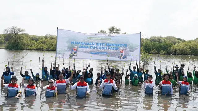 Penanaman Bibit Mangrove di Mangrove Center Tanjung Pasir, Kecamatan Teluk Naga, Kabupaten Tangerang, Banten.