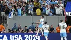 Gelandang Uruguay, Federico Valverde melakukan selebrasi setelah mencetak gol dalam pertandingan sepak bola grup C Copa America 2024 melawan Bolivia di Stadion MetLife di East Rutherford, New Jersey, pada 27 Juni 2024. (CHARLY TRIBALLEAU/AFP)