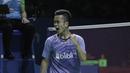 Tunggal putra Indonesia, Anthony Sinisuka Ginting, melakukan selebrasi usai mengalahkan wakil Belanda, Mark Caljouw, pada Indonesia Open di Istora Senayan, Rabu, (4/7/2018). Anthony Ginting menang 21-9, 21-17. (Bola.com/M Iqbal Ichsan)