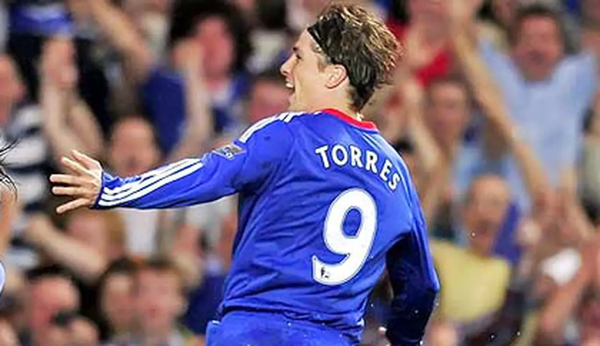 Ekspresi kegembiraan Fernando Torres seusai mencetak gol menghadapi West Ham dalam lanjutan Liga Premier di Stamford Bridge, 23 April 2011. AFP PHOTO/GLYN KIRK