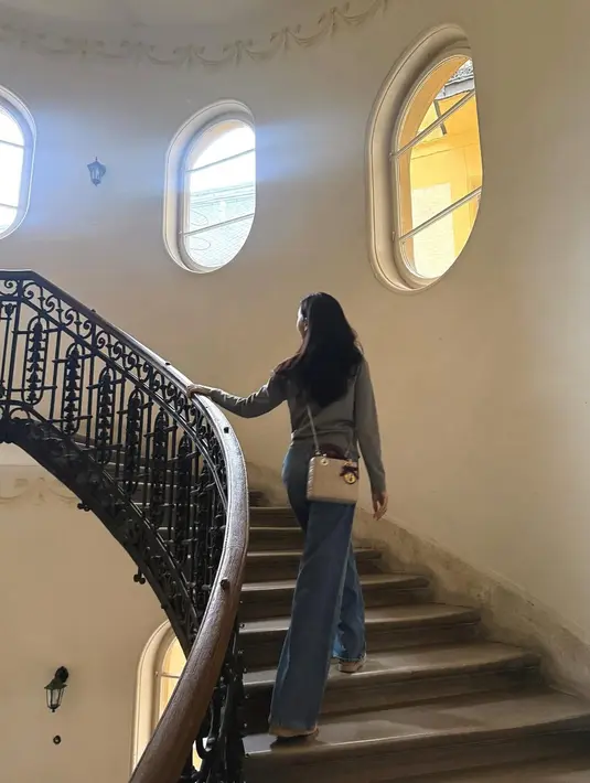 Adalah tas Lady Dior beige dengan top handle gelap dan beraksen pita yang manis [@sooyaaa__]