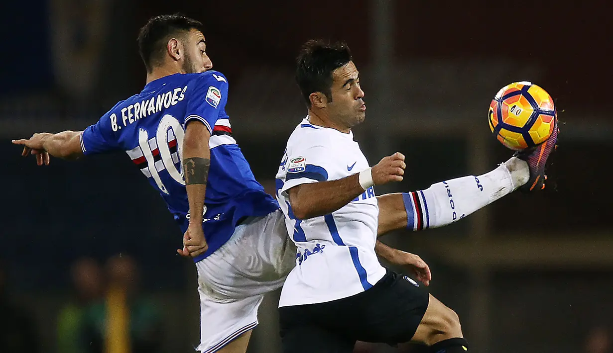 Lepas dari Udinese, Bruno Fernandes meneruskan kariernya di Sampdoria mulai musim 2016/2017. Hanya semusim bersama Sampdoria, ia tampil dalam 35 laga di semua ajang dan mencetak 5 gol. (AFP/Marco Bertorello)