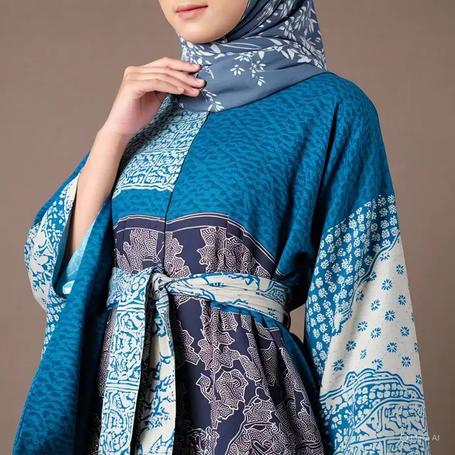 Kimono Batik Modern dengan Aksen Sabuk Kontras