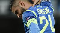 Penyerang Napoli, Lorenzo Insige melakukan selebrasi usai mencetak gol ke gawang Liverpool, Kamis (4/10/2018) dini hari WIB.  (AFP / Filippe Monteforte)