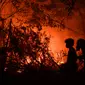 Petugas pemadam kebakaran memadamkan api saat kebakaran hutan dan lahan (karhutla) di Pekanbaru, Riau, Jumat (13/9/2019). Karhutla yang mengakibatkan kabut asap menyebabkan jarak pandang sampai titik terendahnya pada tahun ini, yakni hanya 300 meter saja. (ADEK BERRY/AFP)