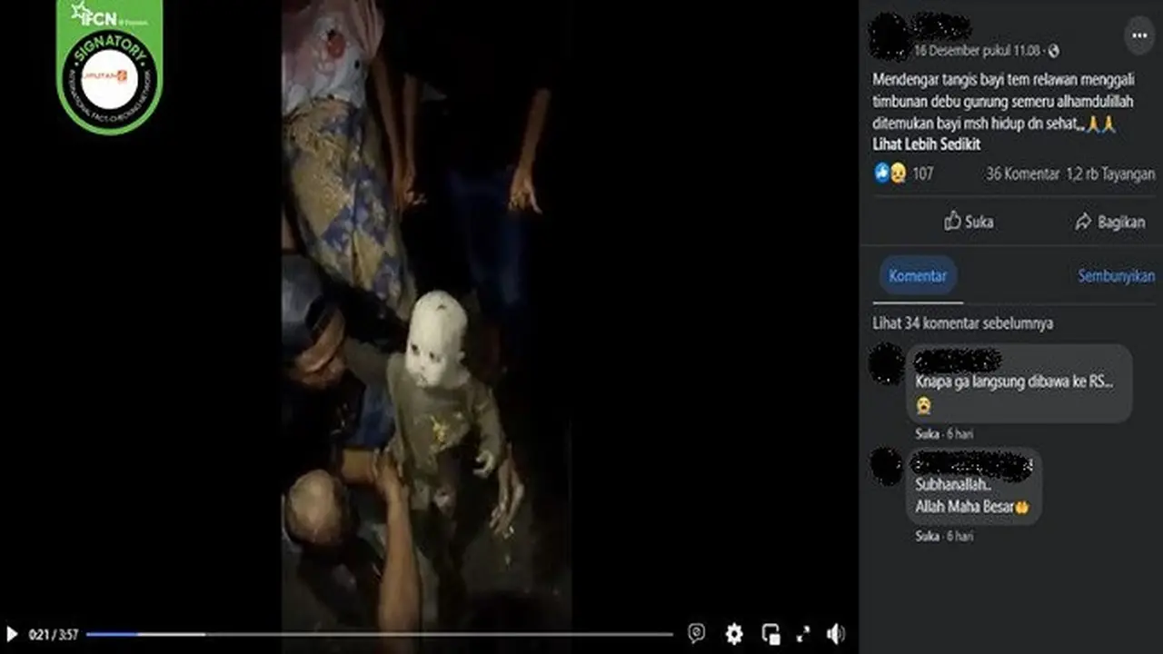 Gambar Tangkapan Layar Video yang Diklaim Seorang Bayi Selamat Usai Tertimbun Debu Gunung Semeru (sumber: Facebook).