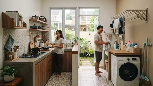 Desain rumah kecil di lahan sempit dengan dapur belakang yang cocok untuk pengantin baru model dengan area cuci terpadu di belakang.