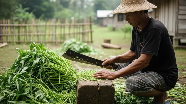 Mencacah Kangkung untuk Pakan Ternak Ayam