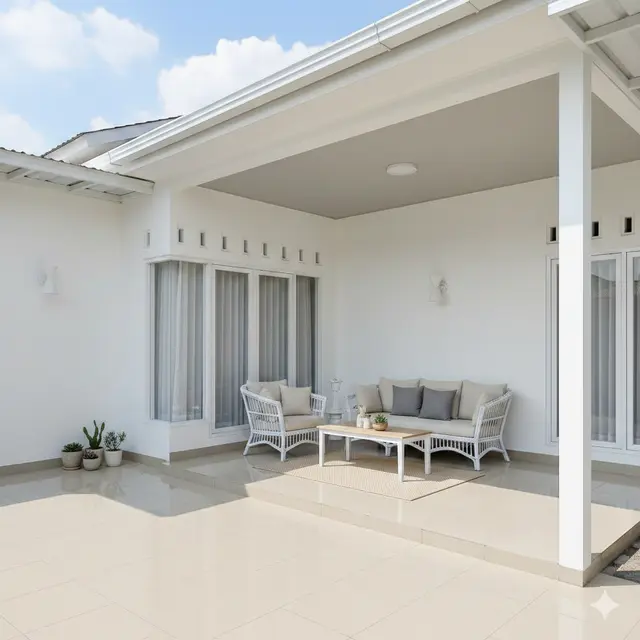 Inspirasi Teras Rumah yang Dingin Tanpa Tanaman Besar (Foto: Gemini AI)