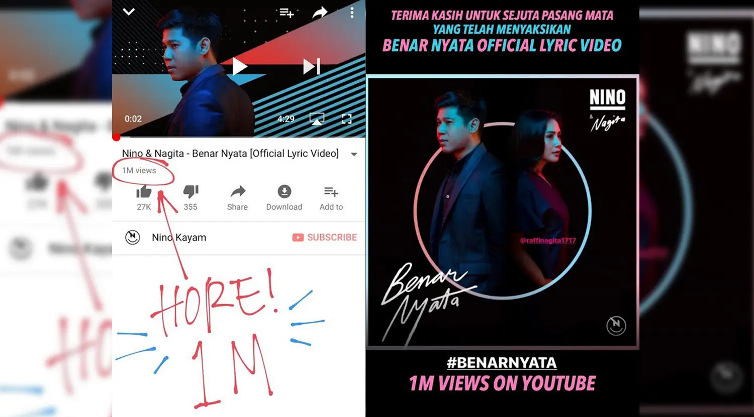 Video lirik Benar Nyata dari Nino RAN dan Nagita Slavina menembus 1 juta penonton. (Instagram/ninokayam)