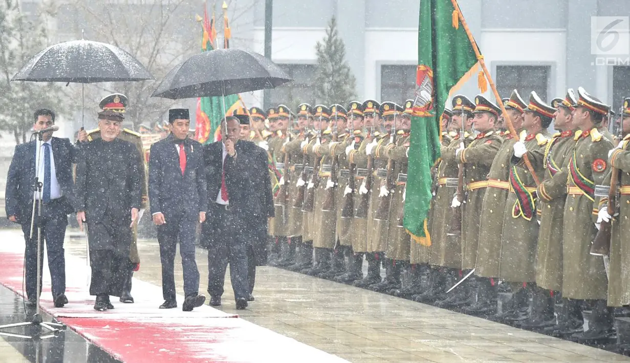Presiden RI Joko Widodo (Jokowi) didampingi Presiden Afganistan Ashraf Ghani memeriksa barisan, di tengah hujan salju, dalam upacara penyambutan di Istana Presiden Arg, Kabul, Senin (29/1). (Liputan6.com/Pool/Biro Pers Setpres)