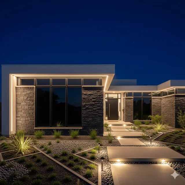 Gambar Rumah Simple Tapi Estetik dengan Fasad Batu Alam Modern. Gemini