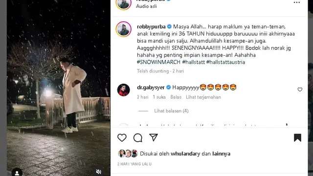 Robby Purba liburan di Austria dan Swiss, pertama kali lihat hujan salju (Foto: Instagram robbypurba)