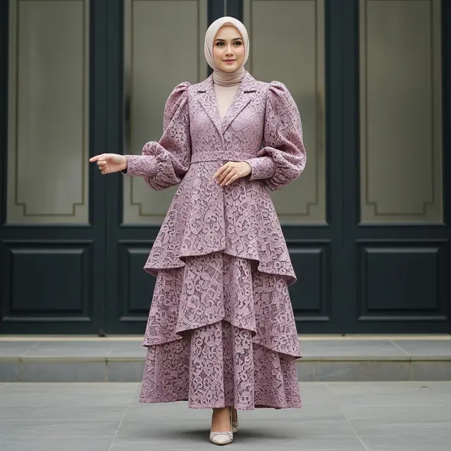 Model Gamis Blazer Brokat Lengan Balon
