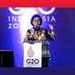 Menteri Keuangan (Menkeu) Sri Mulyani Indrawati dalam Road to G20 Securitization summit 2022, di Jakarta, Rabu (6/7/2022). Dia menyebut isu pangan menjadi sumber terjadinya inflasi global.