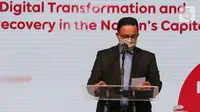 Gubernur DKI Jakarta, Anies Baswedan memberi sambutan pada peluncuran layanan 5G Indosat Ooredoo di Jakarta Kamis (26/8/2021). (Liputan6.com/Fery Pradolo)