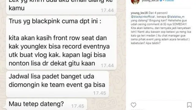 Postingan Young Lex yang mendapat undangan ke event yang akan dihadiri Lisa BLACKPINK. © Instagram.com/young_lex18