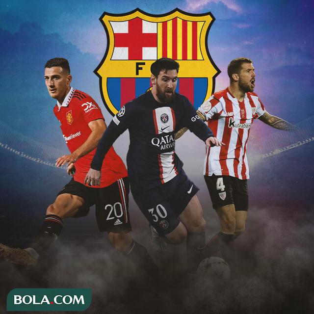 Ilustrasi - Inigo Martinez, Lionel Messi, Diogo Dalot dengan Logo Barcelona