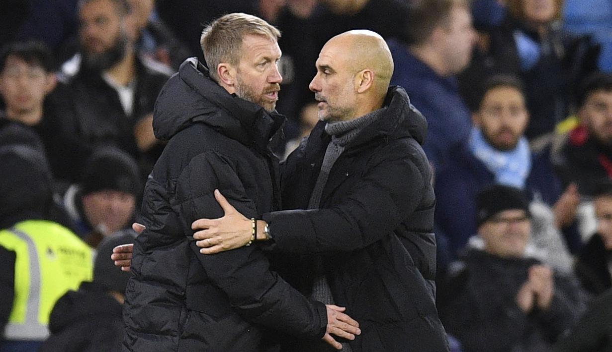Rentetan kekalahan itu memperpanjang rekor buruk Graham Potter setiap bertemu dengan Pep Guardiola. Dari 10 pertemuan, Potter hanya berhasil menang satu kali dari pelatih berkebangsaan Spanyol itu saat menukangi Brighton pada Liga Inggris 2020/2021 pekan ke-37. Selebihnya, Potter harus mengakui kekalahannya. (AFP/Oli Scarff)
