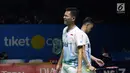 Pebulu tangkis ganda putra Indonesia, Fajar Alfian/M Rian Ardianto saat melawan Takuro Hoki/Yugo Kobayashi (Jepang) di Perempat Final Indonesia Open 2019 di Istora Senayan, Jakarta, Jumat (19/7/2019). Fajar/Rian kalah 19-21, 12-21. (Liputan6.com/Helmi Fitrhiansyah)