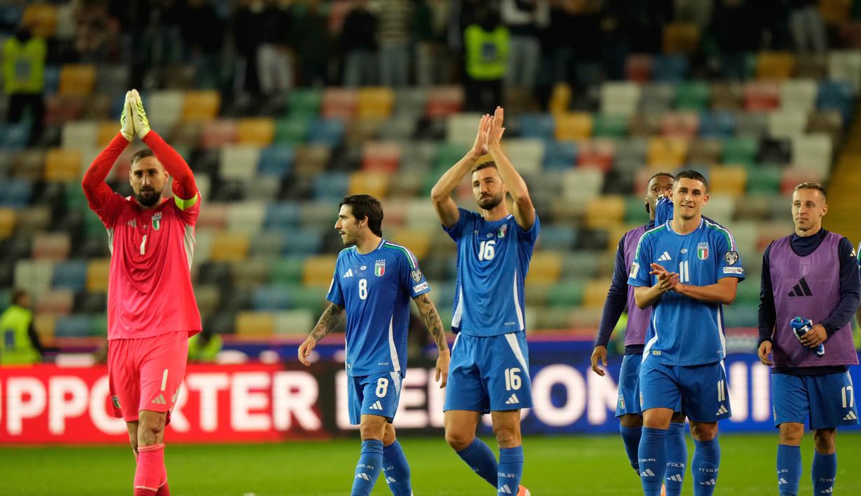 Saat ini, Italia menempati posisi kedua Grup I dengan 15 poin, tertinggal tiga angka dari Norwegia di puncak klasemen. (AP Photo/Luca Bruno)