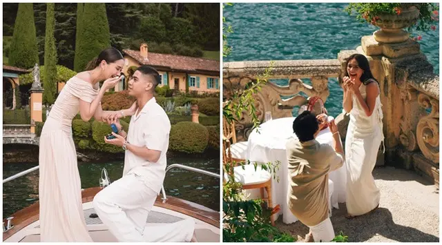 Bak adegan di film romantis, intip 6 beda gaya Alyssa Daguise dan Amanda Rawles dilamar di Lake Como