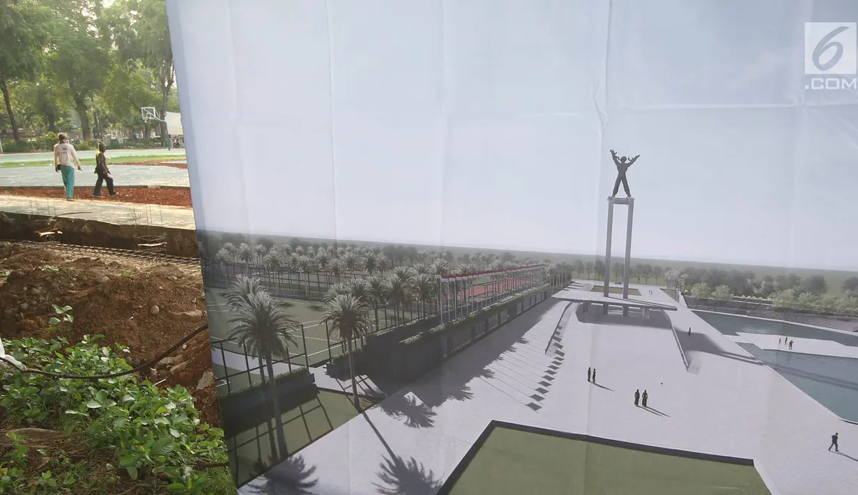 Spanduk proyek revitalisasi yang dipampang di Lapangan Banteng di Jakarta Pusat, Rabu (1/11). Tiga segmen tersebut yakni revitalisasi taman dan patung, pagar, serta revitalisasi lapangan olahraga. (Liputan6.com/Immanuel Antonius)