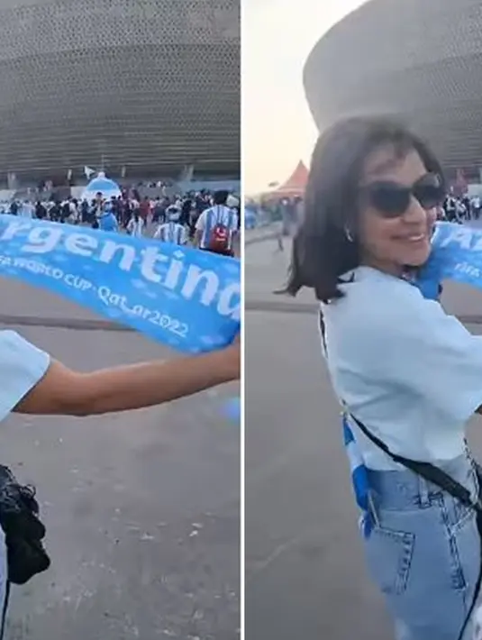 <p>Sebelum masuk ke stadion, Najwa Shihab sudah mempersiapkan segala aksesoris untuk dukung Messi dkk menjadi juara. Syal Argentina menjadi salah satu aksesoris yang dibawa Najwa Shihab. Nana sangat lega setelah menyaksikan tim dukungannya keluar sebagai kampiun. (Liputan6.com/IG/najwashihab)</p>