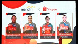 Bank Mandiri menggandeng platform Shopee Indonesia, serta Visa,  menghadirkan Mandiri Kartu Kredit Shopee guna membantu pemulihan ekonomi nasional di masa pandemi. Transaksi Mandiri kartu kredit yang saat ini telah diterbitkan sebanyak 1,8 juta kartu. (Liputan6.com/Pool/PR)