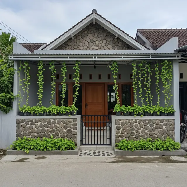 6 Desain Teras Rustic dengan Pot Tanaman Rambat yang Menjalar ke Atap, Kesejukan Alami