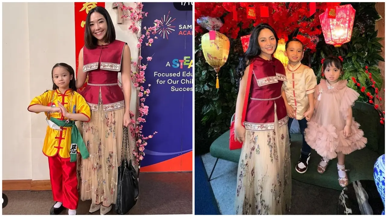 Gisella Anastasia dan Rachel Vennya pakai busana kembar dalam perayaam Imlek tahun ini (Foto: Instagram gisel_la / rachelvennya)