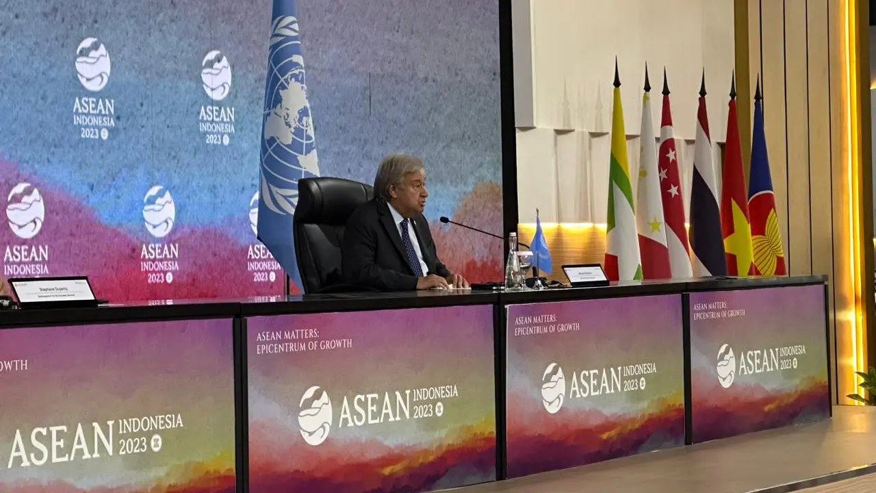 Sekretaris Jenderal PBB Antonio Guterres dalam pernyataan pers di Media Center JCC, di sela-sela KTT ASEAN, Kamis (7/9/2023). (Liputan6/Benedikta Miranti)