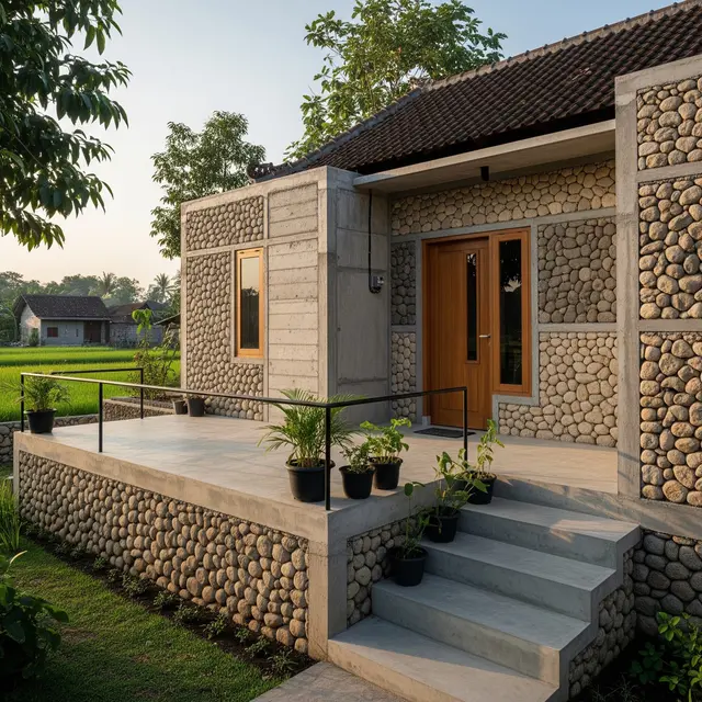 Contoh Rumah Desa Kombinasi Batu Alam dan Semen Ekspos (Image by Gemini AI)