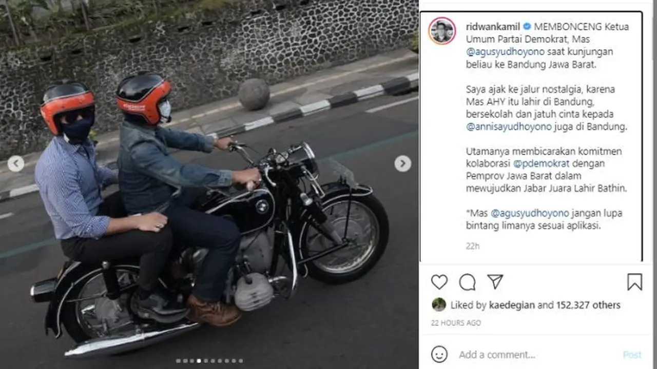 Ridwan Kamil membonceng AHY dengan motor klasik (Instagram @ridwankamil)