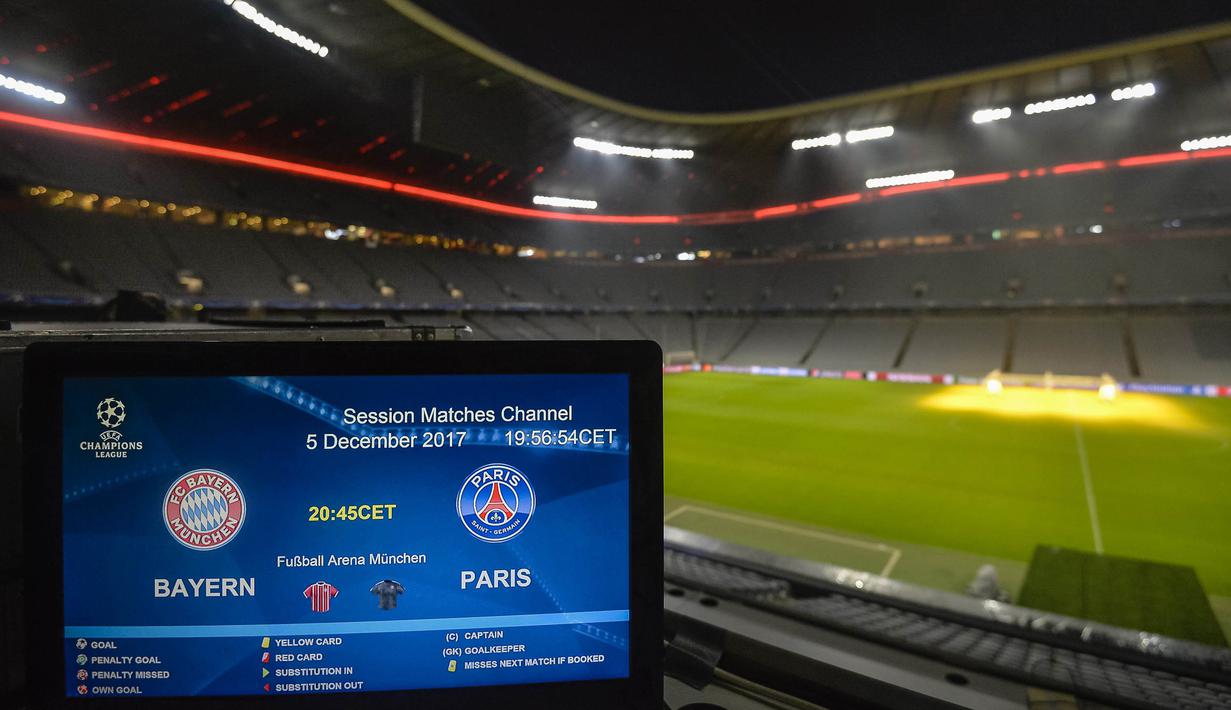 Suasana persiapan jelang laga Liga Champions di Stadion Allianz Arena, Munchen, Senin (4/12/2017). Bayern Munchen akan menghadapi PSG pada laga terakhir grup B. (AFP/Guenter Schiffmann)
