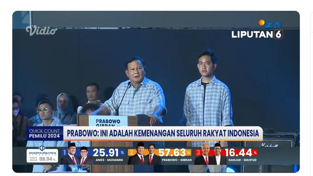 Capres dan Cawapres nomor urut 02 Prabowo Subianto-Gibran Rakabuming Raka saat pidato dan deklarasi kemenangan hasil sementara quick count Pemilu 2024 di Istora Senayan, Rabu (14/2/2024).