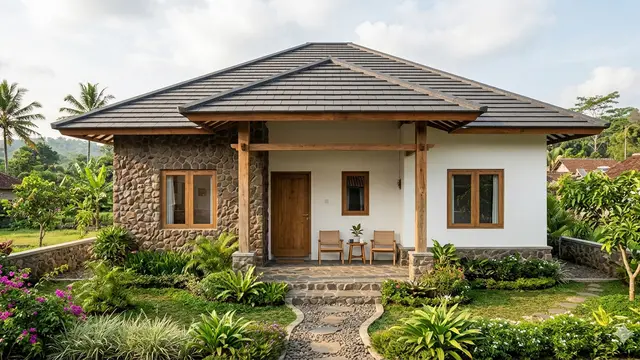 Contoh Rumah Desa dengan Kombinasi Batu Alam dan Atap Limas Modern yang Elegan. Gemini