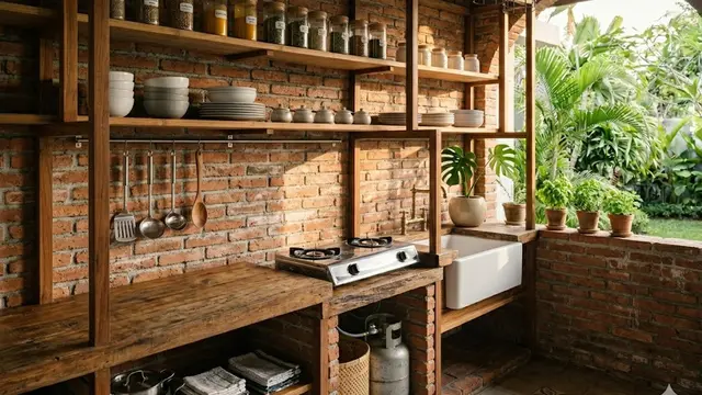 Dapur Batu Bata Ekspos dengan Konsep Semi Outdoor