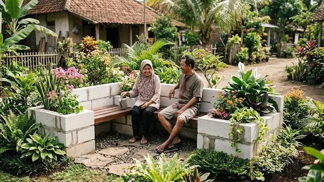 Bangku dari Bata Ringan yang Menyatu dengan Taman dengan Konsep Outdoor Living Modern Model Bangku dengan Pot Tanaman di Sisi Kanan dan Kiri