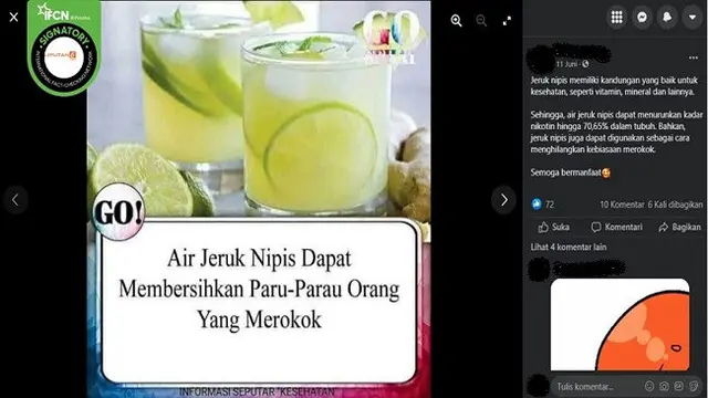 Gambar Tangkapan Layar Klaim Air Jeruk Nipis dapat Memberiskan Paru-paru Perokok (sumber: Facebook).