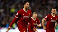 Pemain Liverpool, Emre Can berselebrasi setelah mencetak gol ke gawang Huddersfield Town pada pertandingan pekan ke-25 Premier League di John Smith's Stadium, Selasa (30/1). Liverpool menghempaskan Huddersfield Town 3-0. (Martin Rickett/PA via AP)